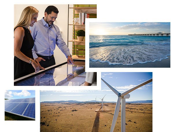 A collage of photos of people, solar panels, and beach waves